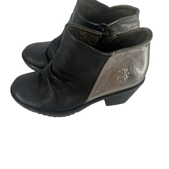 Fly London Womens Black & Metallic Leather Ankle Boots 37W With Side Zipper - Picture 1 of 8